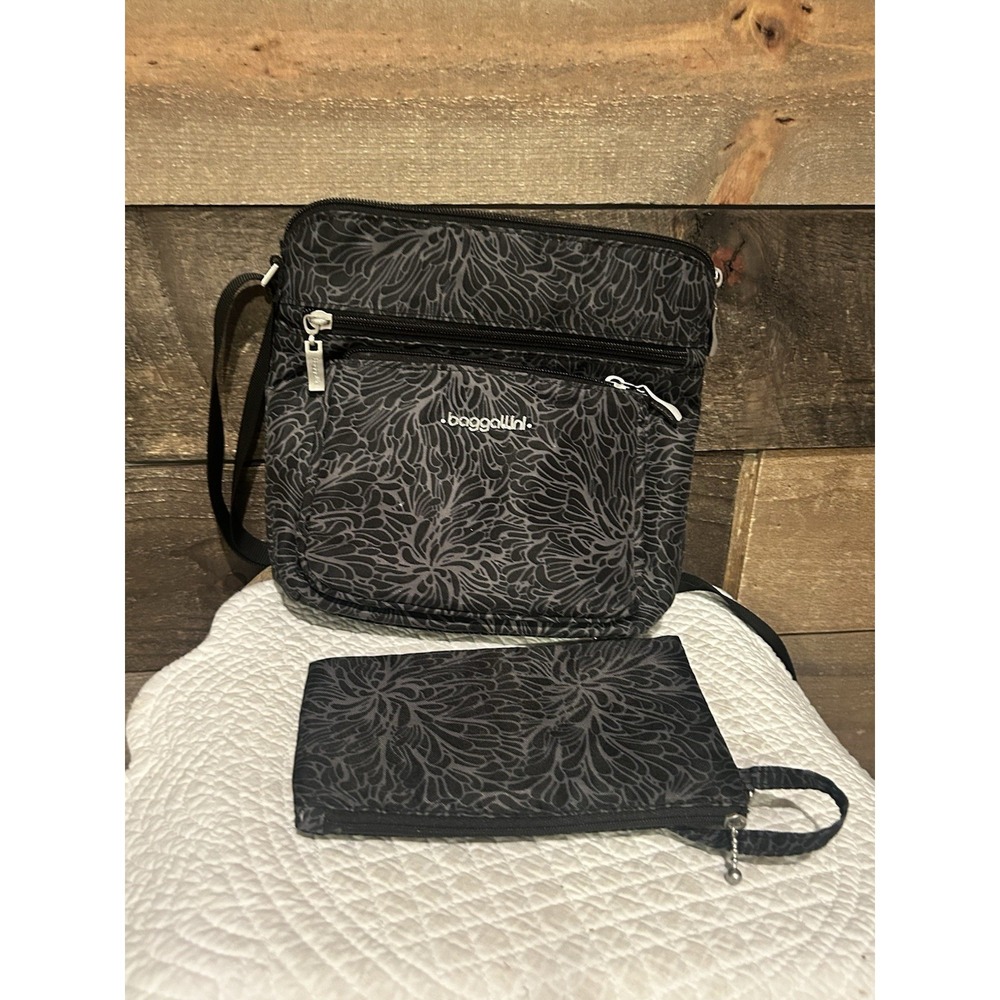 Baggallini Pocket Lightweight Crossbody Bag Midnight Blossom Black Gray